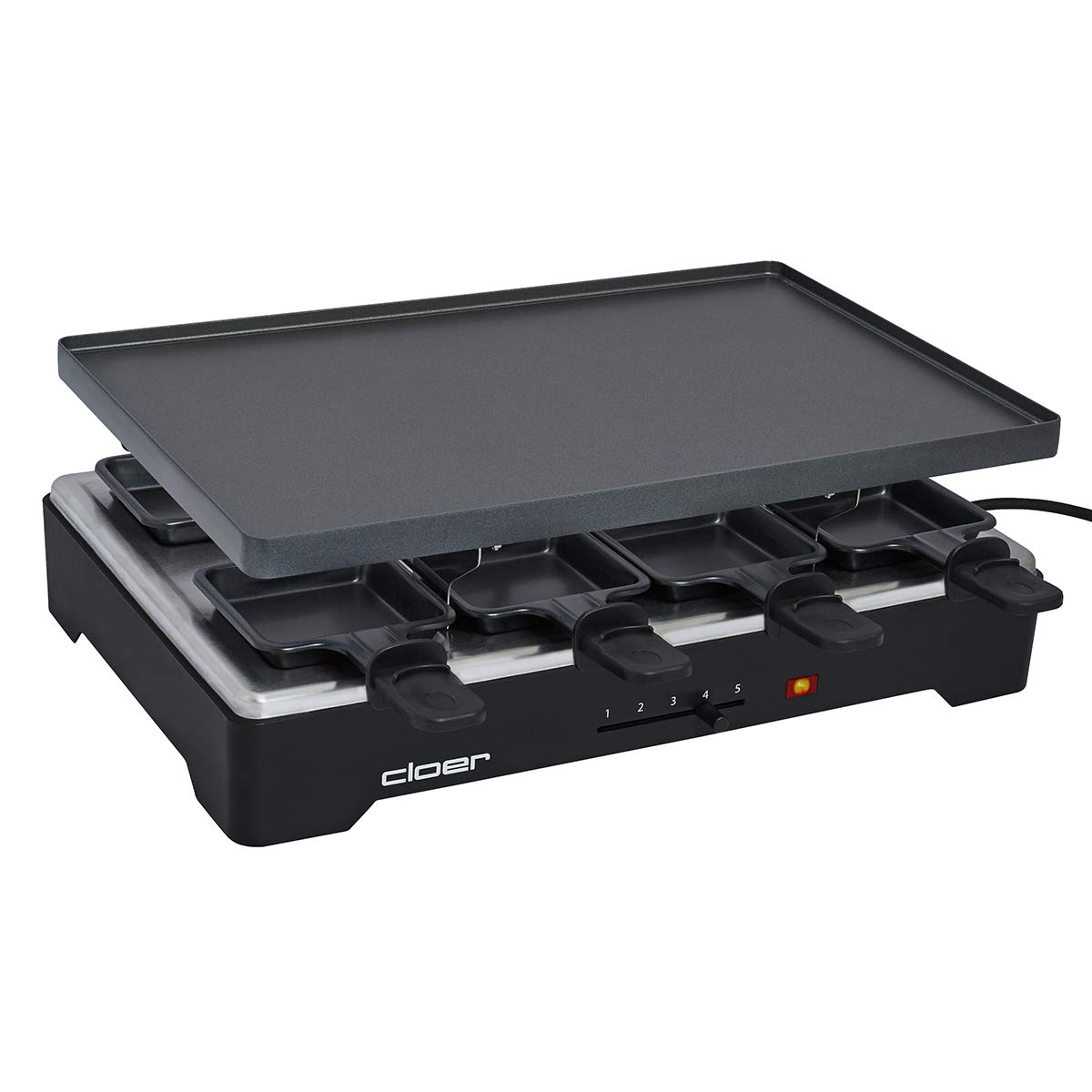Cloer 6446 Raclette gril avec plaque en aluminium moulé sous pression - utilisable des deux côtés, 8 poêles à raclette à revêtement antiadhésif avec poignées calorifugées, 1200 W, noir