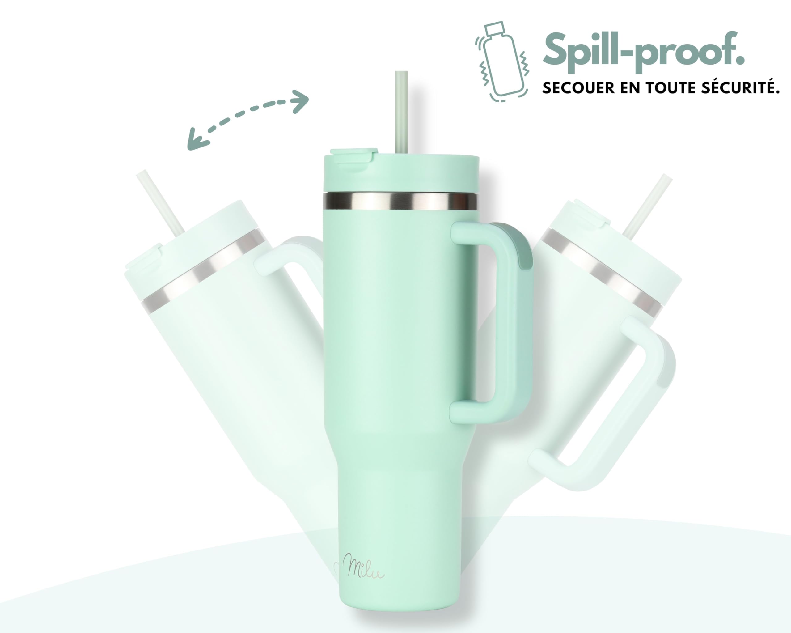 Milu Gobelet thermique 1200ml avec paille & anse, 24h glacé / 12h chaud Tumbler 40oz en acier inoxydable avec poignée, isolant bouteille to go (Mellow Mint, 1200ml)