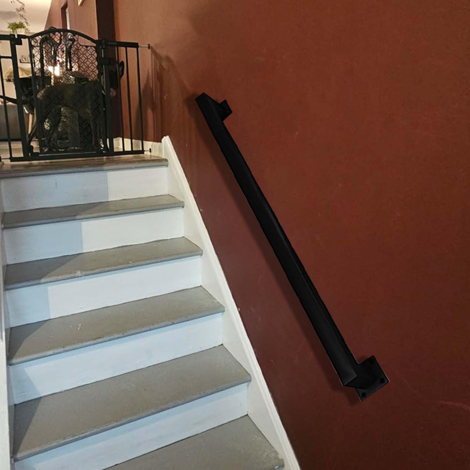Treppenhandlauf für Wände, Schwarzes quadratisches Treppengeländer aus Metallschmiedeeisen, Sicherheitshandlauf mit Wandhalterungen und Metallschrauben, für drinnen und draußen(250cm)