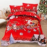 biancheria da letto di natale set babbo natale e elk pattern copripiumino set di copertura con 2 federe trapunta cover set per bambini teen adulti doppia dimensione (rosso, 3pcs) 200×200cm