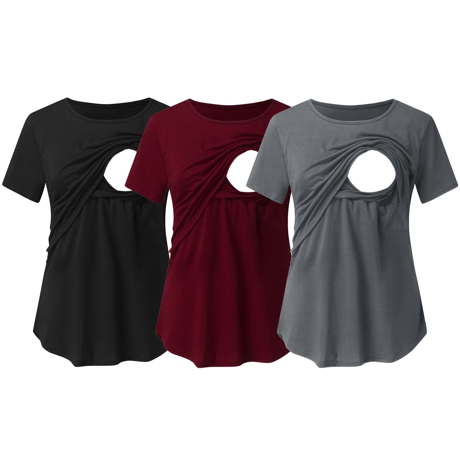 STKOOBQ Lot de 3 t-shirts d'allaitement à manches courtes et col rond pour femme - Couleur unie, Noir , S
