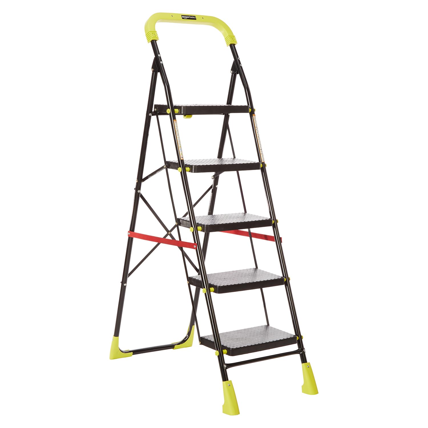 amazon basics Dynamo - Foldable Step Ladder, Safety Clutch Lock, Anti Slip Steps, Knee Guard, Anti Skid PVC Shoes, 5 Steps (Steel, Black & Lime Green)