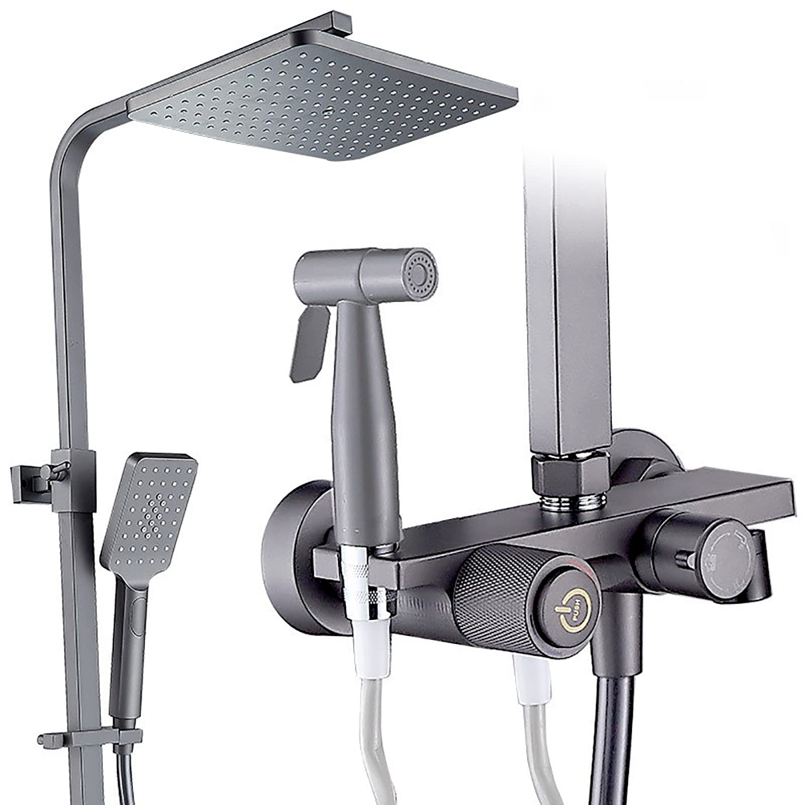 Système de douche gris pistolet avec bec de baignoire réglable