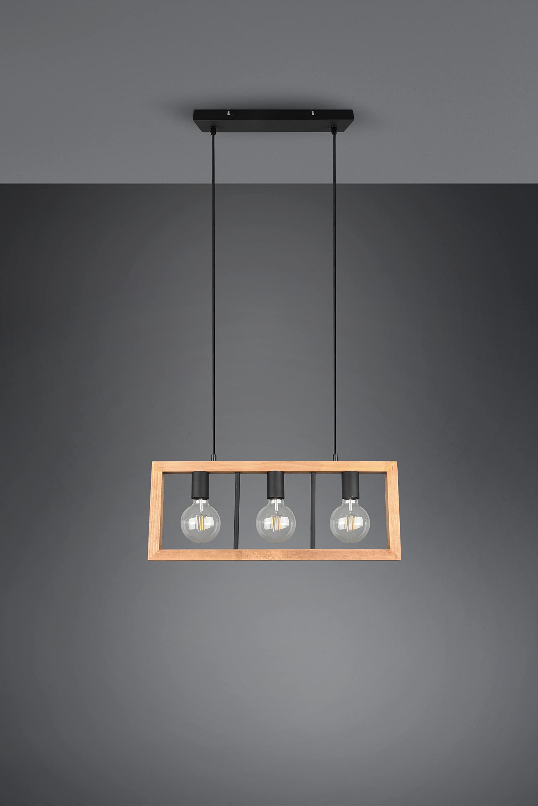 TRIO, Suspension, Agra 3xE27, max.10,0 W Bois naturel, couleur de bois, Corps: Métal, noir mat L:60,0cm, L:8,0cm, H:150,0cm IP20,Sans illuminant,Réglable en hauteur