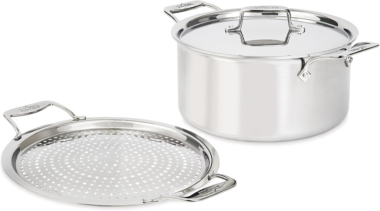 All-Clad D5 5-Ply Brushed Stainless Steel Stockpot with lid and Strain & Splatter Guard, 8-Quart, Induction, Oven & broiler safe up to 600°F, Cookware, Pots and Pans, Kitchen Essential, Silver