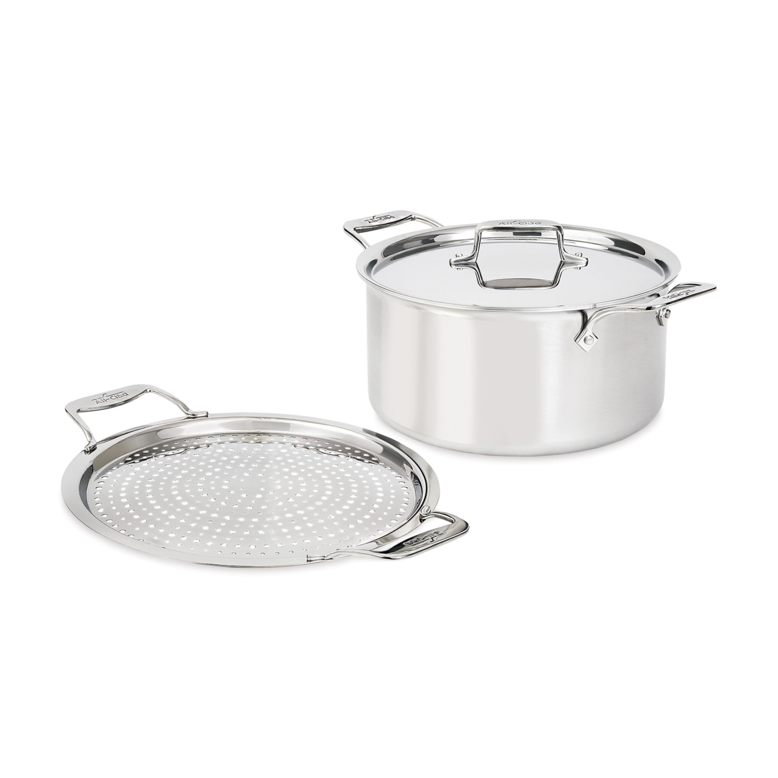 All-Clad D5 5-Ply Brushed Stainless Steel Stockpot with lid and Strain & Splatter Guard, 8-Quart, Induction, Oven & broiler safe up to 600°F, Cookware, Pots and Pans, Kitchen Essential, Silver