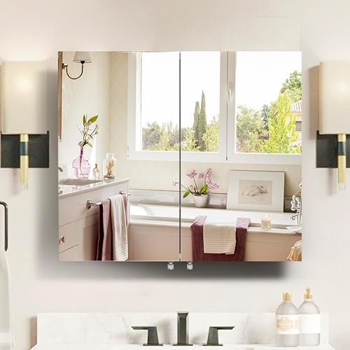 Miniatura 9 de Movo Armario con espejo de medicina, 30 pulgadas de ancho x 26 pulgadas de alto, sin marco, de doble puerta, con espejo, para montaje en pared,