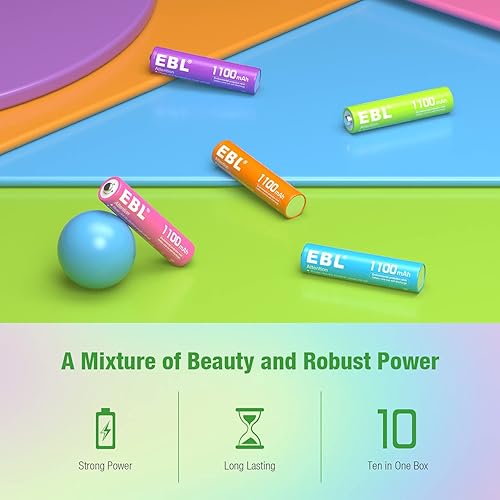 Miniatura 3 de EBL Baterías AAA recargables 10 unidades de alta capacidad 1100mAh (paquete de 10 - 2 x 5 colores en una caja) 1.2V Ni-Mh triple AAA batería ProCyco