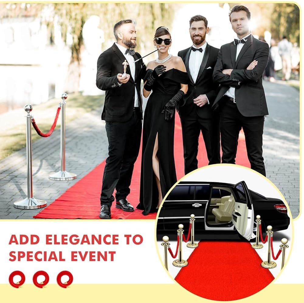 6 Pack Velvet Stanchion Rope,Safety Barrier with Gold Plated Hook,Crowd Control Stanchion Ropes,for Carpet Events Movie Theaters Grand Openings(Size:3.3ft,Color:Red)