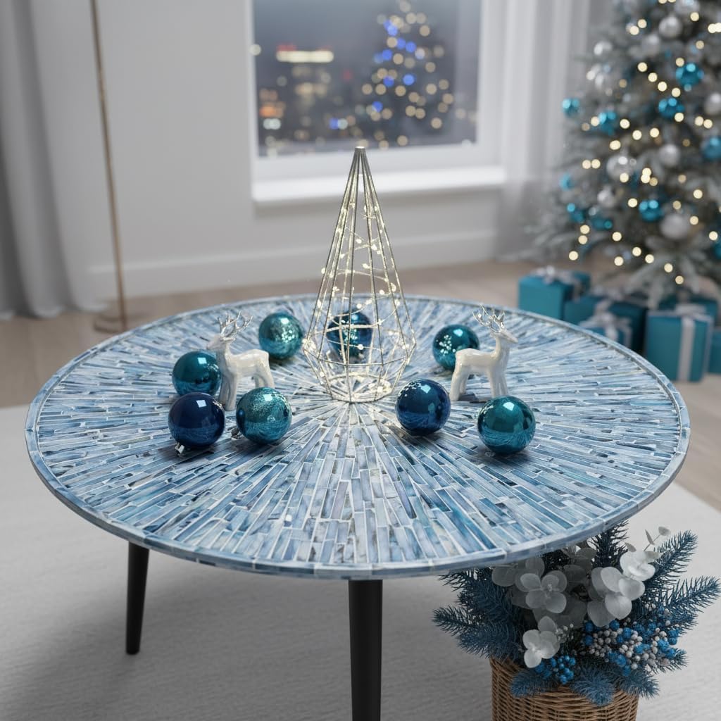 PEMAR 22" Round Mother of Pearl Extra Large Ottoman Tray with Raised Edge, Oversized Decorative Luxury Wooden Serving Tray for Food, Coffee Table, Breakfast in Bed (Blue Sunlight)