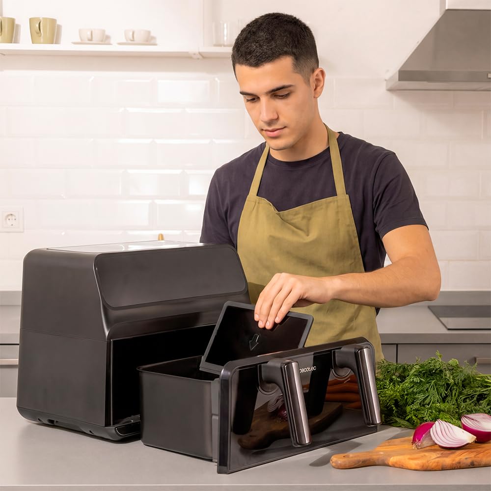 Cecotec 9L Cecofry Advance 9000 Windows Frytkownica powietrzna, bezolejowa, 2200 W, podwójne wiadro 4,5 l, ścianka działowa, podwójna temperatura, wyświetlanie okna, 8 menu, Temp 60-200 stopni, panel