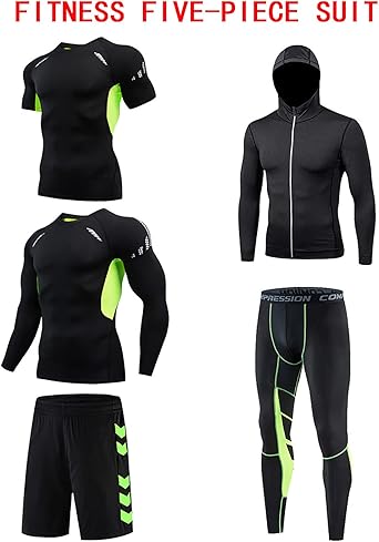 Set Abbigliamento Running Uomo 5 Pezzi - Maglia, Leggings Compressione, Pantaloncini E Giaccone Per Fitness E Corsa - Foto 5