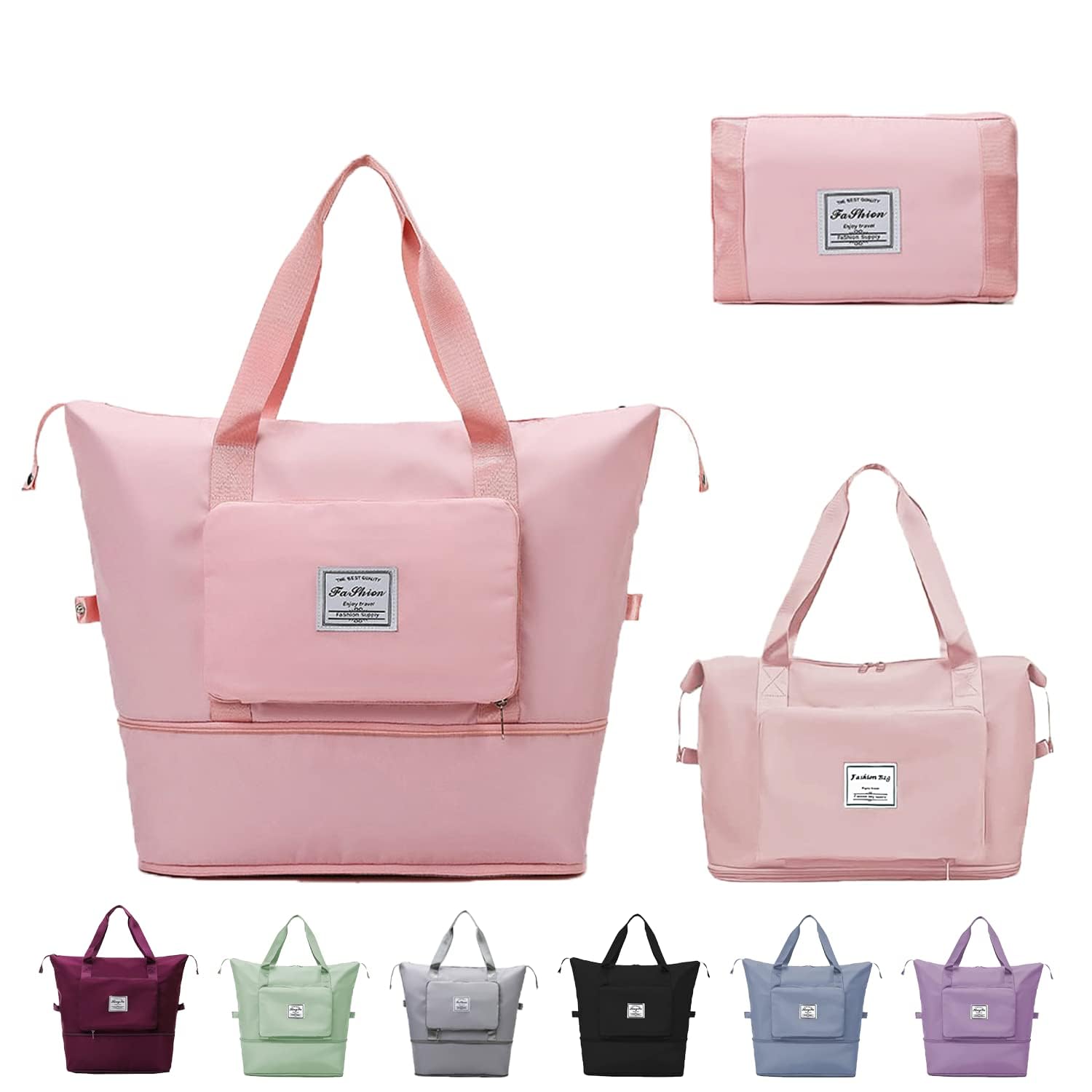 Large Capacity Folding Travel Bag Dry Wet Separation Multifunctional Sports Shoulder Bag Foldable Travel Duffel Bag Travel Lightweight Waterproof Carry Luggage Bag (Pink)-image-48
