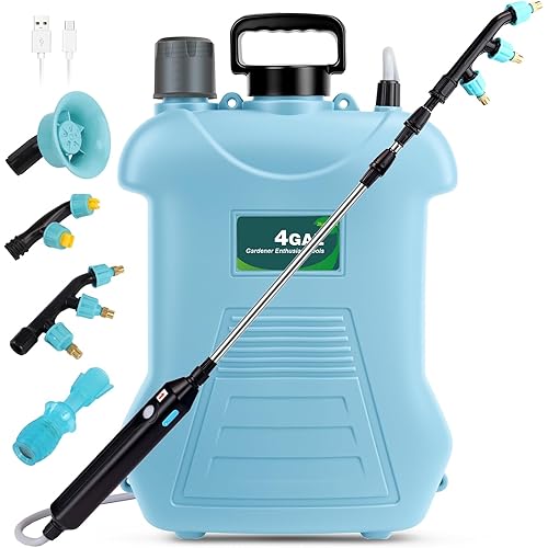 4 Gallon Battery Powered Garden Sprayer, USB Rechargeable Backpack Sprayer, Weed Sprayer with Telescopic Pole, 3 Spray Nozzles for Lawn and Garden Pump Sprayer