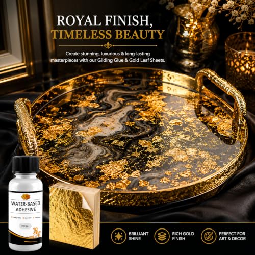 Image of 100 Sheets 8x8cm Gold Leaf Sheets Foil Paper with Water-Based Gilding Adhesive Glue | 100ml Gold Leaf Glue for Gilding, Resin Art, DIY Crafts, Furniture, Canvas, Glass & Home Decor