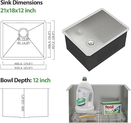 Miniatura 7 de Fregadero de lavandería de 21 pulgadas, calibre 16, acero inoxidable, cuenco individual de 12 pulgadas de profundidad debajo de la encimera, hecho a