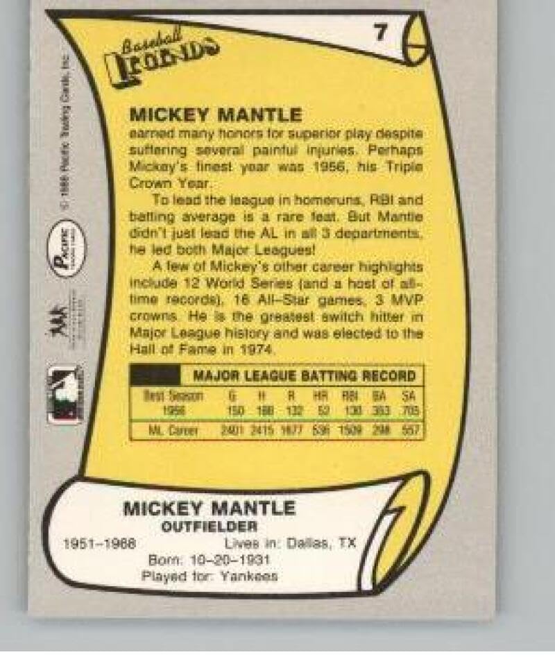 Amazon.com: 1988 Pacific Legends I #7 Mickey Mantle New York
