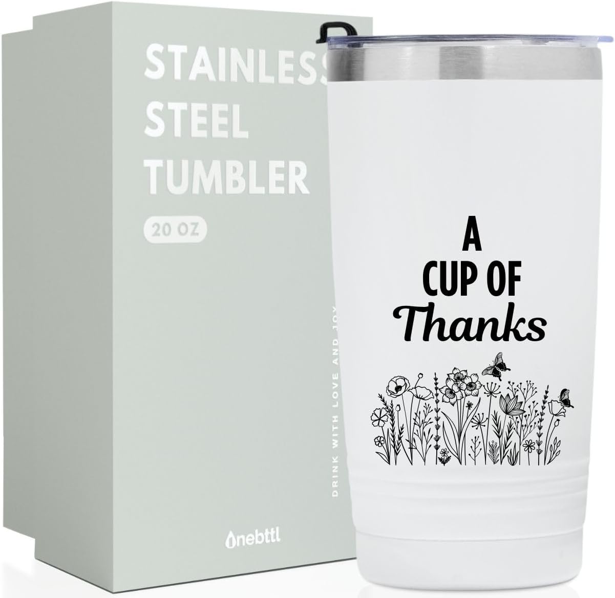 Onebttl Thank You Gifts for Women, A Cup of Thanks, Funny Appreciation Gift for Coworkers, 20OZ Stainless Steel Travel Mug, White