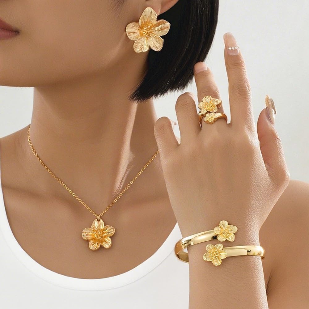 4 Pcs Hibiscus Flower Pendant Necklace Bracelet Earrings Ring for Women Gold Flower Jewelry Set Chunky Statement Hibiscus Jewelry - Image 7