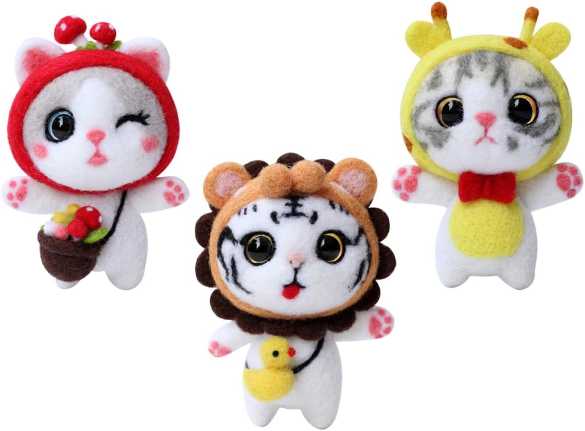 Healeved 3 Sets Wool Felt Craft Kit DIY Cat Doll Material Needle Felting Tools for Beginners Use Felting Kits with Accessories Relaxing Creative Hobby Set