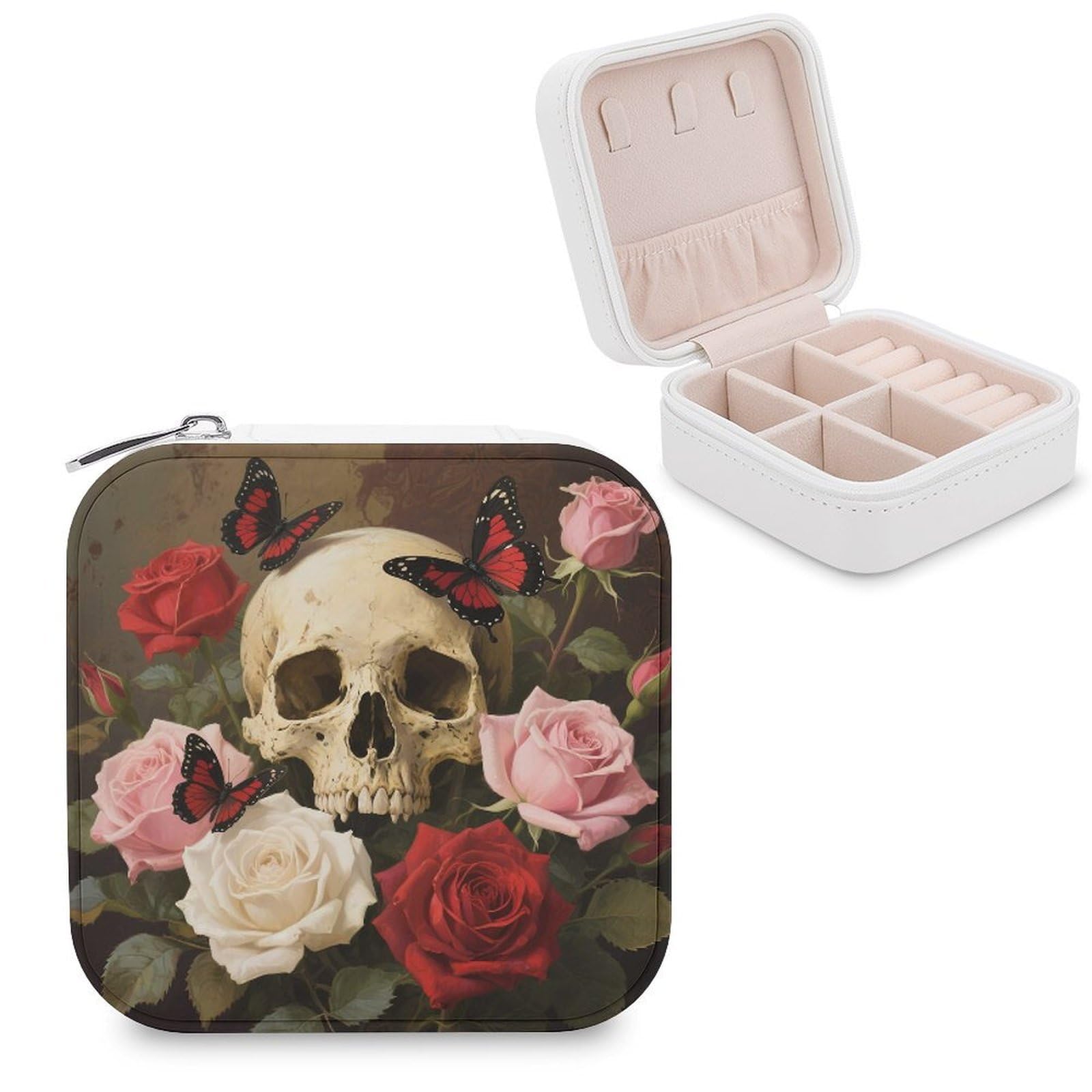 VstaDank Rose Skull Jewelry Box for Women Jewelry Organizer Storage Case with Zipper Mini Travel Jewelry Case Cute Trinket Organizer Leather Portable Jewelry Storage Box