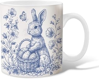 Rabbit Ceramic Coffee Mug, Spring Vintage Basket Flowers Easter Blue Novelty Hot Chocolate Mug with Handle Gift for Friendship Family Colleague Staff Sweetheart Teachers 11 Oz