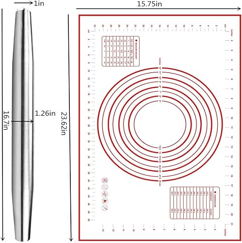 Miniatura 2 de Rodillo de acero inoxidable liso, rodillo para hornear fondant, pizza, pastel, pastelería, pasta, masa, galletas (16.7 pulgadas + esterilla)