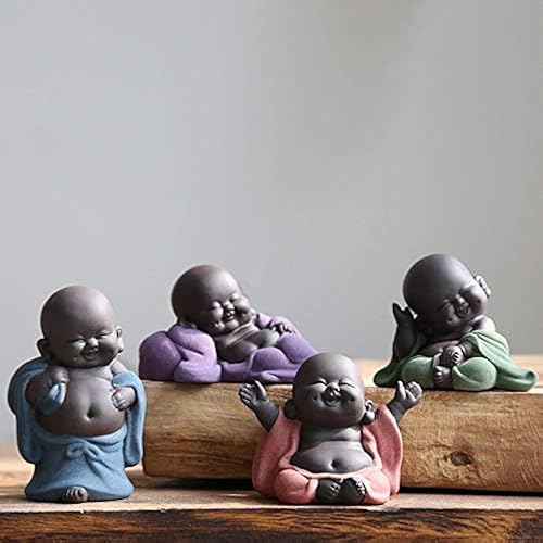 Kingzhuo Una colección de 4 estatuas de Buda sonriente de Buda sonriente, adorable figurita de 4 encantadoras figuras de Buda pequeño Buda lindo