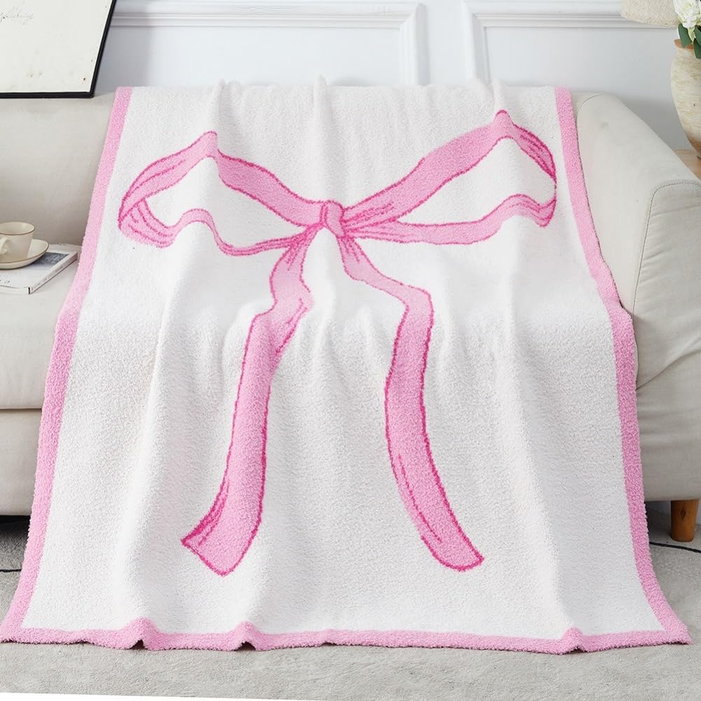 Bed Throw Blanket, Microfiber Blanket Bow Blanket Plush Bedding,50" x 60" Trendy Cute Throw Blanket for Bedroom Sofa Decor (J)