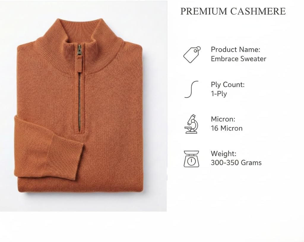 NPIA Certified 100% Cashmere Half-Zip Sweater Men's | 1-Ply 15 Micron Himalayan Handmade | Pullover Gift for Men | 300g