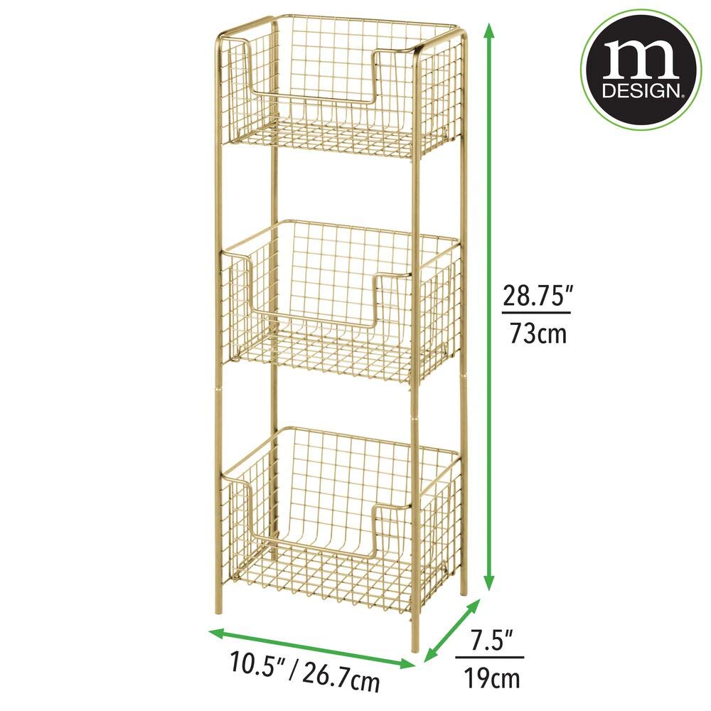mDesign Steel Freestanding Storage Organizer Tower Rack Basket Shelf, Metal 3-Tier Furniture Unit for Kitchen Pantry, Hold Fruit, Potatoes, Snacks, Drinks, Appliances - Concerto Collection, Soft Brass