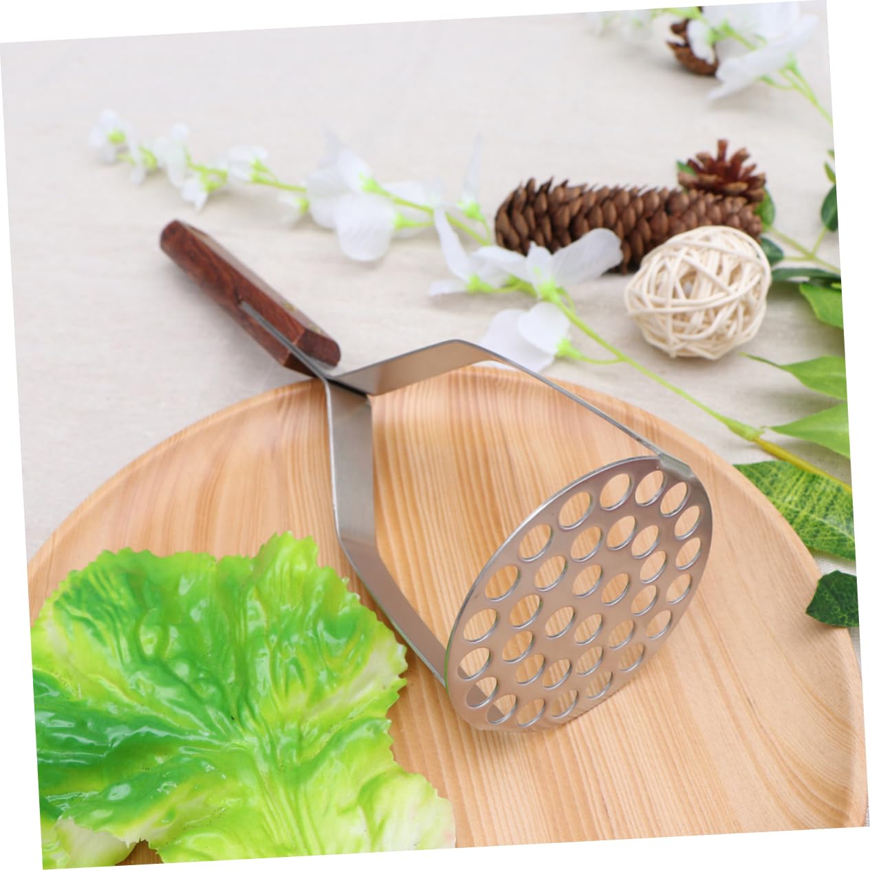 OUNONA Stainless Steel Potato Ricer Masher with Comfortable Wood Handle Non Slip Design for Easy Vegetable Mashing Kitchen Gadget for Home Cooking and Outdoor Use