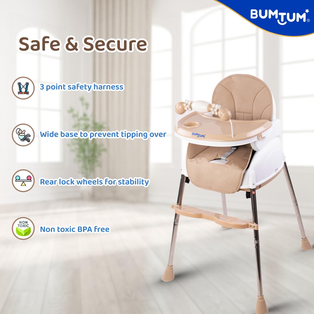 BUMTUM Baby Luxury High Chair 4 in 1 Convertible Folding with Footrest, Convertible to High Chair, Low Chair, & Feeding Seat with Cushion pad - Tan - Image 2 thumbnail