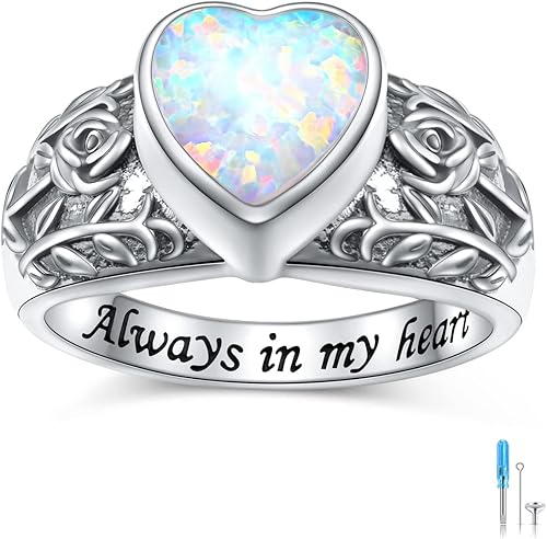 Anillo de Urna de Árbol de la Vida con Corazón de Ópalo, Girasol, Rosa para Cenizas, Plata de Ley 925, Joyería de Cremación, Anillo de Recuerdo de