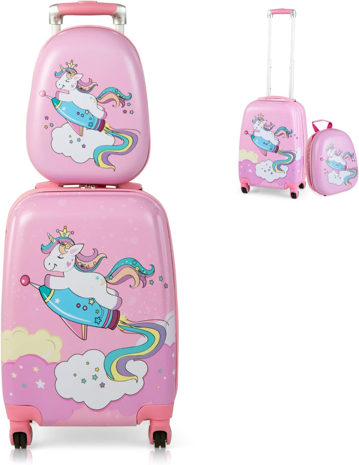 2PCS Kids Luggage Set, Hard Shell Children Trolley Case with 4 Universal Wheels, Girls Boys Suitcase and Backpack Set for Travel (Pink Unicorn, 12"+18")