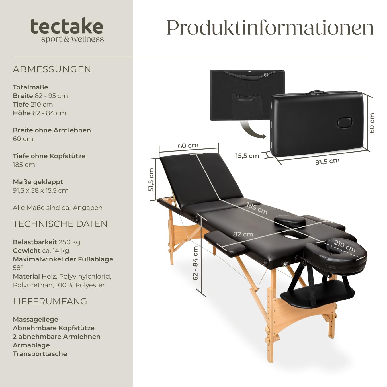 tectake® Mobile Massageliege 3 Zonen, höhenverstellbar, klappbar, Zubehör Kopfstütze, Tasche, belastbar bis 250kg, Möbel für Kosmetik, Massage, Tattoo Zubehör, Physiotherapie Zubehör - schwarz
