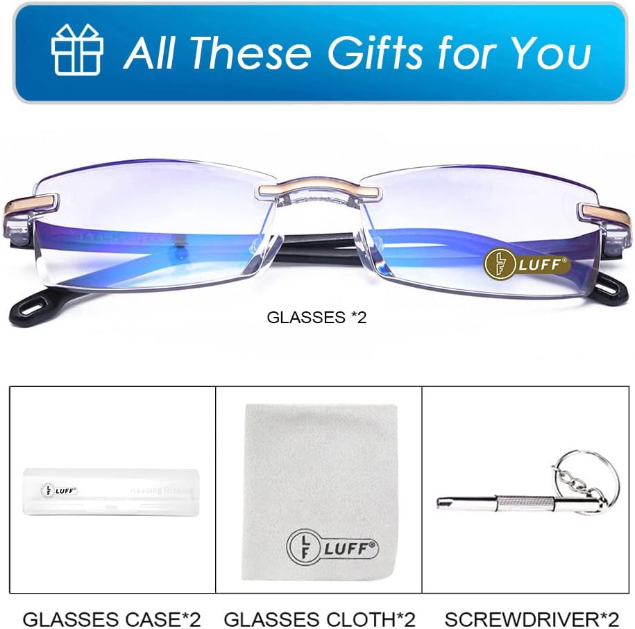 LUFF Reading Glasses Hd Anti-Blue Diamond Cut Edge Frameless Reading Glasses for mens