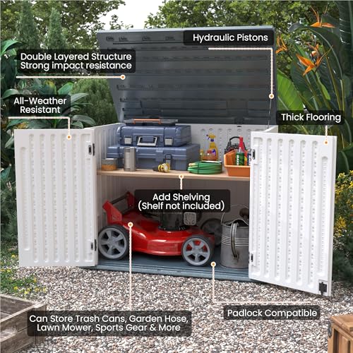 Image of UDPATIO 35 Cu.Ft Horizontal Outdoor Storage Shed, Resin Outdoor Cabinet Waterproof & Lockable for Generator, Garbage Can Garden Tools, White, White & Grey Trim
