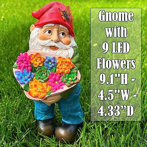 Mood Lab Garden Gnome - Flower Gnome Figurine With Solar Led Lights - 9.1 Inch Tall Lawn Statue - For Outdoor Or House Decor #TOP1