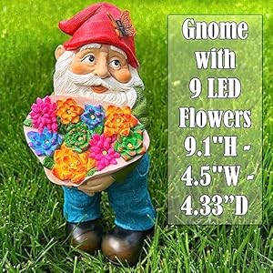 Mood Lab Garden Gnome Flower Gnome Figurine with 9 LED Solar Lights 91 Inch Tall Lawn Statue for Outdoor House Decor