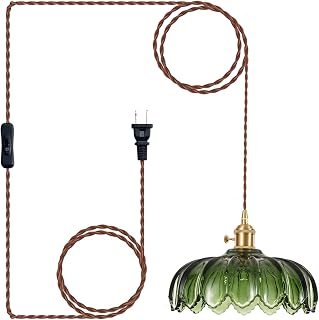 XZHGCEE Green Glass Plug-in Pendant Light - Hanging Lamp with 14.8ft Swag Cord & Switch for Kitchen Island, Bedroom, Dining Room