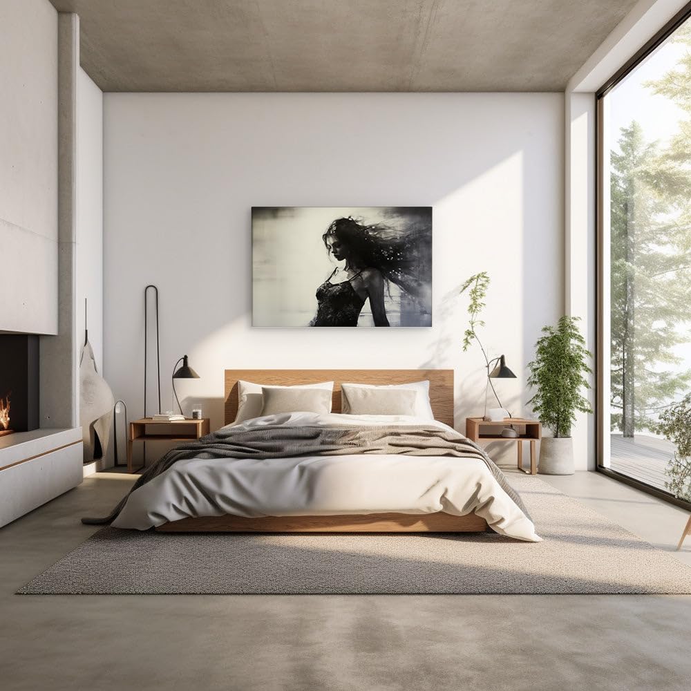 Canvas for Living room. Whispers of Elegance: A Mysterious Lady in Monochrome, 27 x 18 inch Canvas Wall Art - Ready to Hang