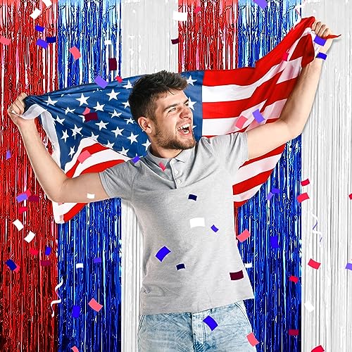 Image of 6 Pack White Blue Red Foil Fringe Curtain Backdrop, 3.28Ft x 8.2Ft Metallic Tinsel Foil Fringe Streamer Curtains for Photo Booth, Christmas Day, Thanksgiving, Wedding, New Year Party Decorations
