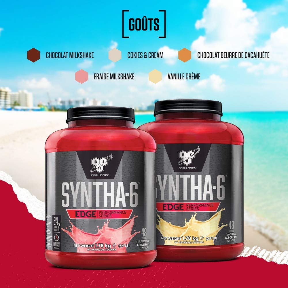 BSN Syntha 6 Edge poudre protéinée pauvre en glucides & sucre, avec isolat de protéines de lactosérum et BCAA, complément pour prise de masse musculaire, cookies & crème, 48 doses, 1,87 kg