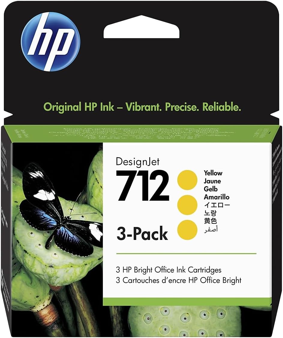 HP 712 3ED79A 3-pack Yellow 29-ml Genuine Ink Cartridge with Original Ink, for DesignJet T650, T630, T250, T230 & Studio Large Format Plotter Printers 713 DesignJet Printhead