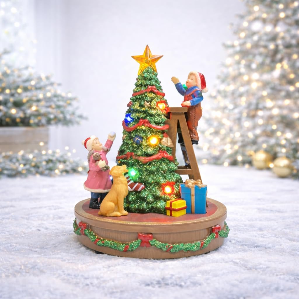 MOMENTS IN TIME Musical Christmas Tree Decoration with LED Lights – Children & Dog Decorating Tree, Plays 8 Classic Christmas Songs, Battery Operated Tabletop Holiday Village Décor (8.2" H)