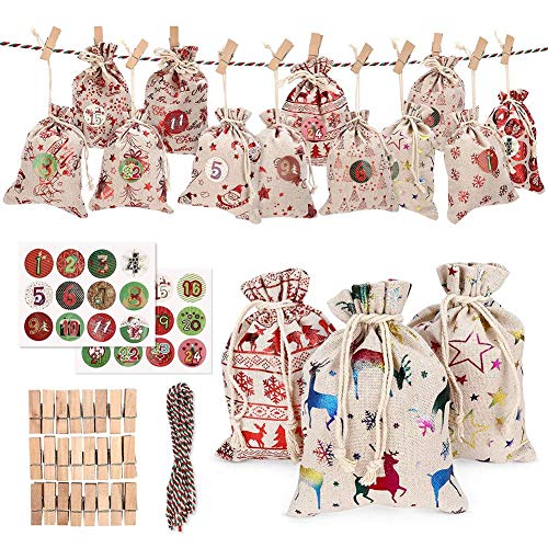 Calendrier De L'avent De Noël, 24 Jours Calendriers De Toile De Jute Suspendus Calendriers De Guirlande De Bonbons Cadeaux Sacs Bricolage Compte À Rebours De Noël Décorations De Noël Pour Home Office Cover