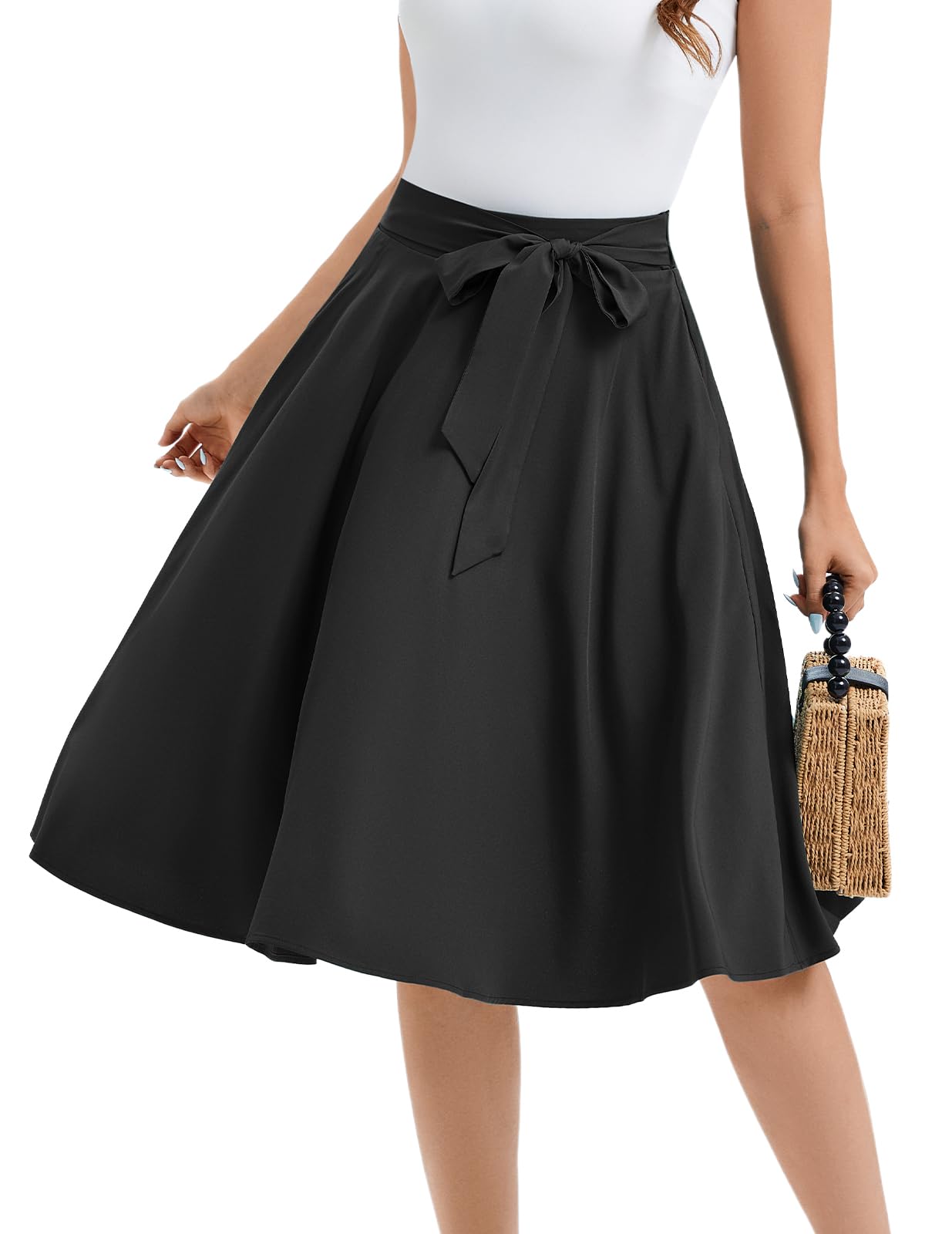 Bbonlinedress Falda acampanada de verano para mujer, estilo vintage, casual, acampanada, cintura ancha, elástica, con cinturón