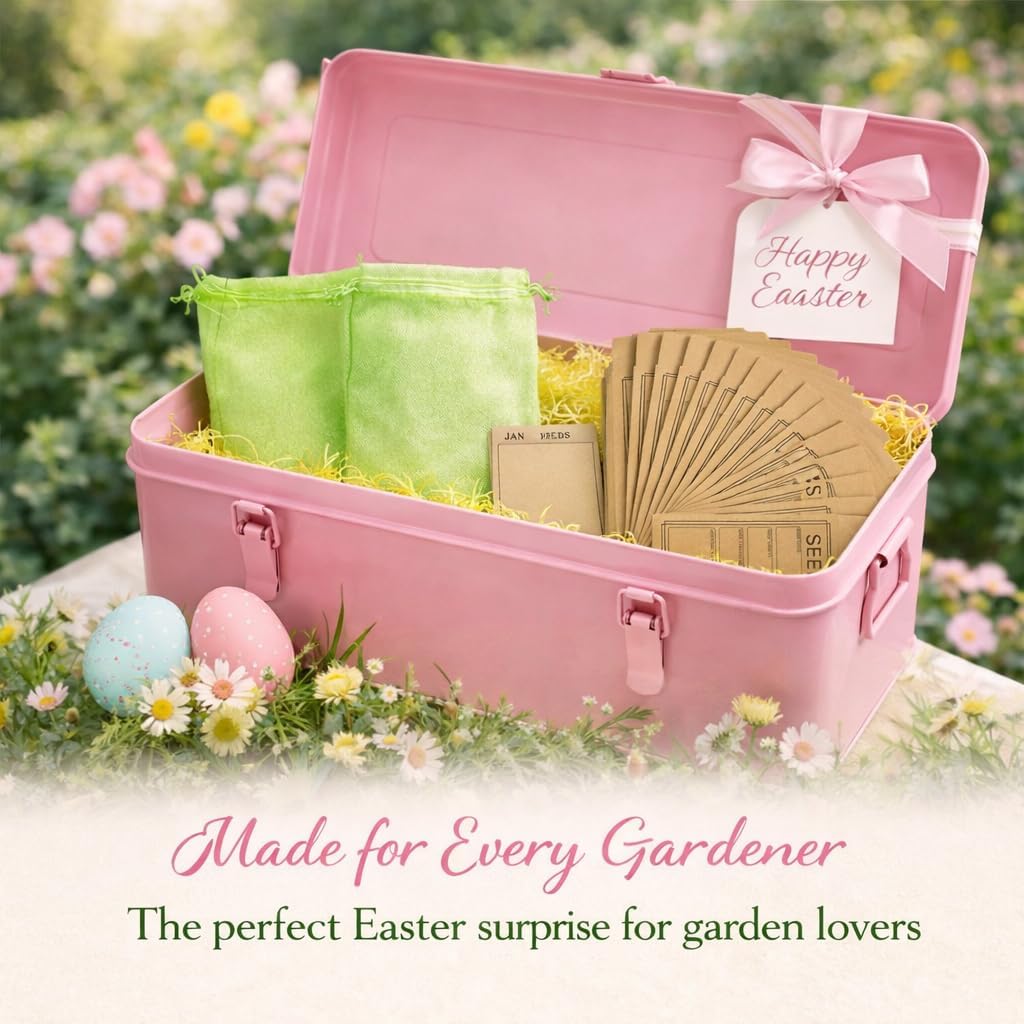 Seed Storage Organizer –Waterproof Metal Seed Box with Storage Bags, Dividers, 4 Compartments with Lid and Safety Locks , Portable Side Handles, Perfect for Garden Seeds, Lables & Tools -Matte Pink