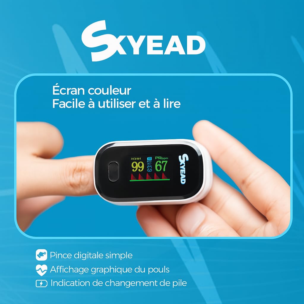 Oxymètre de Pouls - saturomètre professionnel Bluetooth SKYEAD SK-25A – Suivi SpO2 & Fréquence Cardiaque – Écran HD – Appli AILINK iOS/Android – Étui + Piles Inclus – Hommes/Femmes/Sport/Santé (SK25A)
